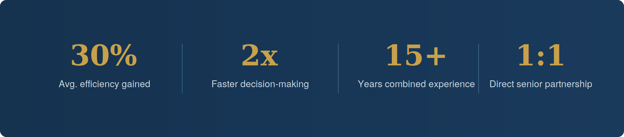 30% average efficiency gained, 2x faster decision-making, 15+ years combined experience, 1:1 direct senior partnership